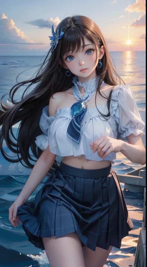 1 girl、alone、blue sky、Ocean、short skirt、(Highly intricate and detailed background of a vast blue sky with thick, Fluffy clouds that look like they&#39;re reaching out and touching each other)、(Vast and detailed backgrounds, tranquil Ocean with sparkling wa...