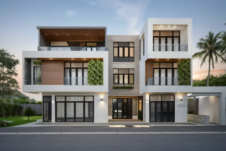 Exterior of house, mable decorations, (canopy in front of house:1.4), (a road in front of house:1.3), tree, sky, cloud, morning weather.