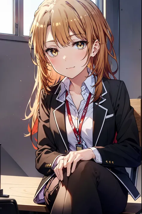 irohaisshiki, iroha isshiki, long hair, brown hair, (brown eyes:1.5), happy smile, smile, open your mouth,OL, red glasses,ponytail,short braided hair, black suit jacket, collared jacket, white dress shirt, collared shirt, neckline, button, strap, ID card o...