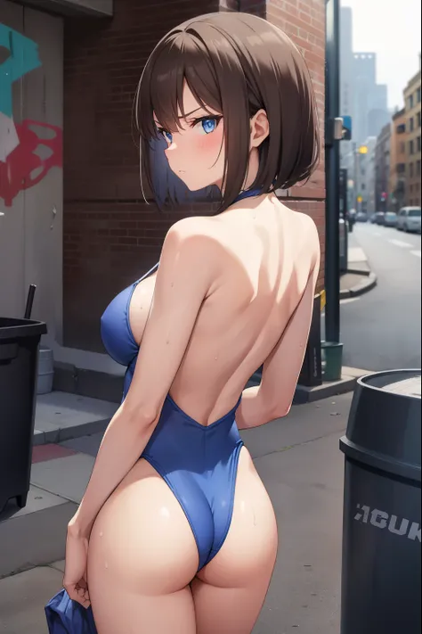 1 girl,Blue leotard,Super High Leg Cut,blue eyes,serious face,brown hair,bob hair,New York City,big breasts,blush,Sweat,barefoot,bare hands,thin,walk,embarrassing,Alley,Graffiti on the wall,Litter scattered,dark,Garbage can,cardboard,cowboy shot,dark,Are s...