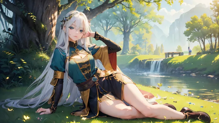 (official art、highest quality、Unity 8k wallpaper、32k、masterpiece、super detailed、A high resolution、realistic、Photoreal:1.2)、((one girl))、((Close ~ eyes))、fantasy、middle ages、Nordic、(Beautiful, detailed faces:1.4)、relax、(full body:1.2)、((outdoor))、grassland、...