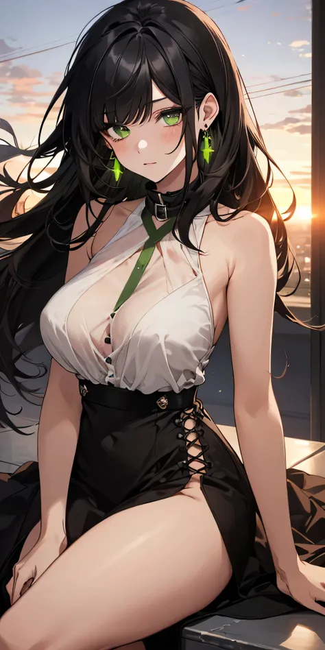 (top quality, masterpiece, high quality, ultra-delicate), ((beautiful girl)), ((Dark black hair)), mature, graceful curves, (long hair, long bangs), ((bright green eyes)), detailed eyes, modern clothing, bangs, fashionable clothing, black collar, full body...