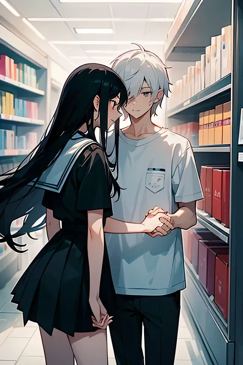 Two people, a man and a woman, in a department store，High school girl with long black hair，White short hair male high school student，talking holding hands，shop