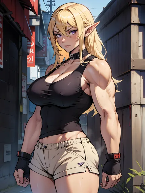 ((1 girl)), (solo), elf with pointy ears, (((muscular body))), purple eyes, blonde hair, long hair, huge breasts, wearing a black tank top and hotpants