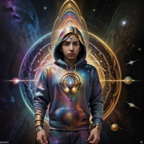 ((ultra realistic), ((masterpiece)) (Full art), (masterpiece), (ultra detailed), (24K), cosmic man, hoodie galaxy, from nowhere, space, magical boy, energies, chakras, 