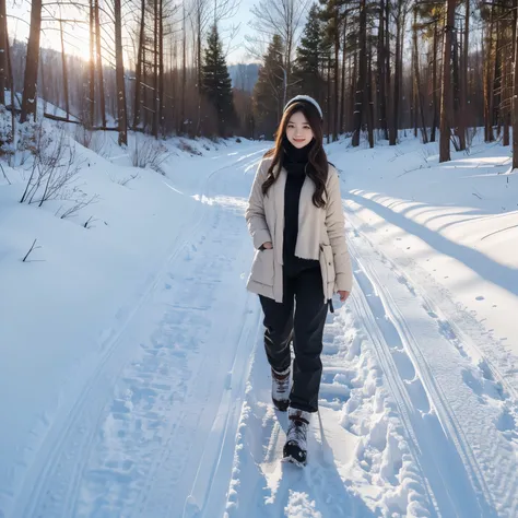 Beautiful girl with long hair on the snowy path in the forest in the morning。Walking back