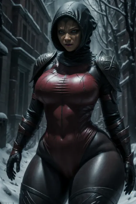 painting, snowfall, closeup portrait, Mortal Kombats Mileena in foreground, thick, chubby Zendaya Nicki Minaj, curvy body, plussize, red clothing, mask, action scene, movement, dynamic pose, the most terrifying monster from an epic fantasy science fiction ...