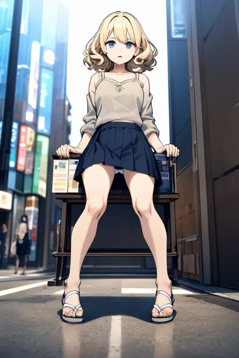 Seen from the front, Shibuya-style gal sitting on the roadside, camisole, mini pleated skirt, bent knees, open thighs, short blonde curly hair, from below, panties, cleavage, Shibuya fashion, masterpiece, underwear