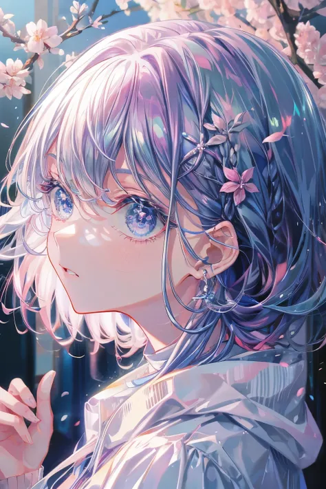 (masterpiece、8K、highest quality)、(soft light:1.3), detailed face, fine eyes,spring、(SupportHair)、light purple hair、multi color hair、bright blue eyes、cherry blossoms