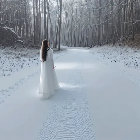 Beautiful woman in white dress and long hair walking on the snowy path in the forest in the early morning