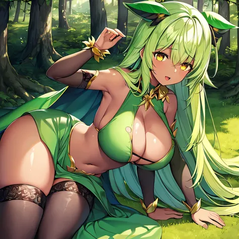 fantasy, 1forest_elemental_girl, (dark_skin)0.9, (Use_leaf_Clothes, green_leaf_covered_chest, leaf_covered_pussy)+++,(huge_heavy_tits:1.1), walk, (smile, sleepy)+, Moderate_hair, belly button,(Plump:0.9), Oil, (Take-up_vine_around it_body)++, forest_backgr...