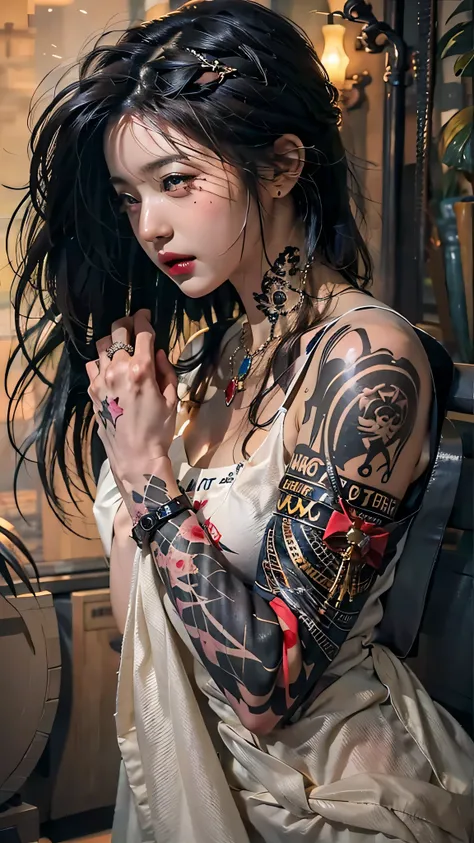 photorealistic, high resolution, soft light,1women, solo, hips up, (detailed face), jewelry, tattoo, dress mafia clothing, black hair, super long hair, looking viewers, tatto, messy hair, close up, small breast, adult