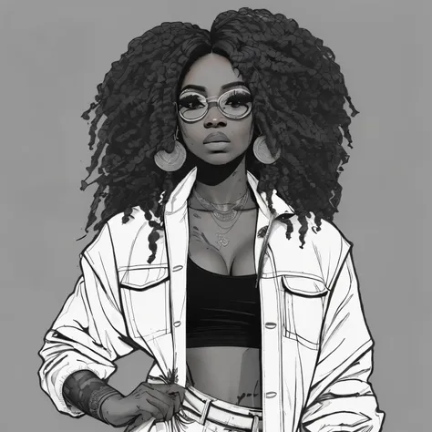 (black woman), sexy, tattoos, (power puffer clothes: 1.2), forest, leaves, mist, lines, background circles