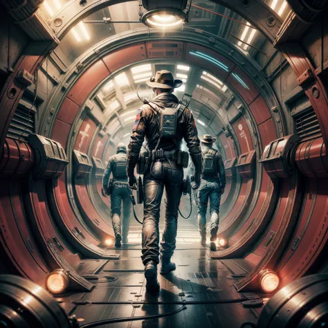 1 man，space station corridor，future technology，west cowboy，motorcycle，revolver，cowboy hat