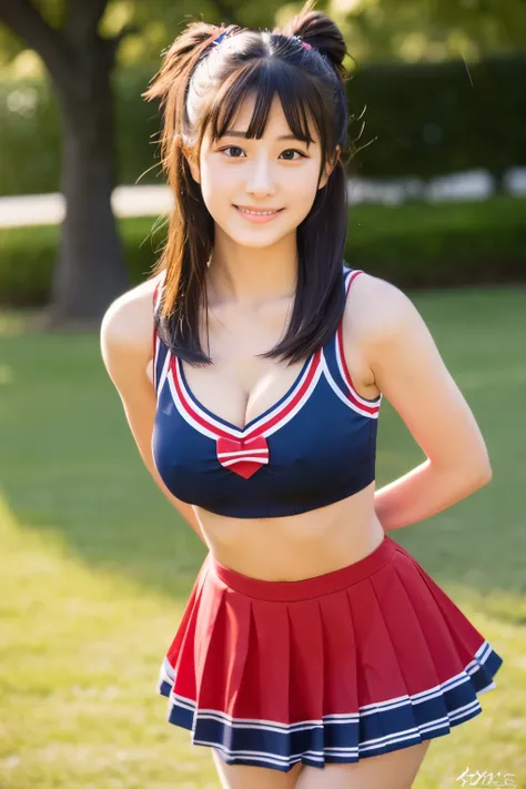 A 17-year-old Japanese girl with a very cute idol-like face.。Gentle and cute。Please smile kindly。She is a cheerleader at school　Cheerleader uniforms are bikini-style and show off cleavage　larger bust　full body figure　I put both hands on the ground　Raw phot...