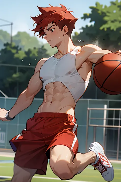 super muscular, sweat-drenched body, dripping with sweat, shirtless, 22-year old short red hair handsome male wearing sweat-drenched white basketball shorts and rubber shoes, running, playing basketball in the outdoor setting