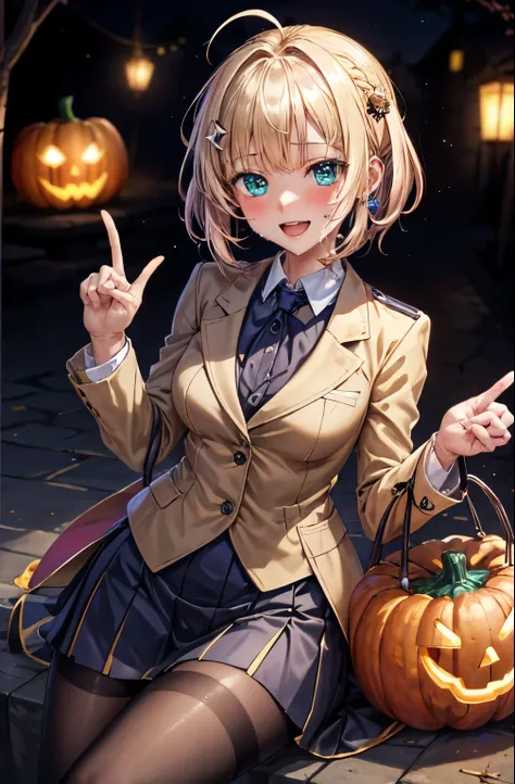 woman,14 years old,,city, ((Science Department)), (((Beige blazer school uniform))),open mouth smile, ((There are two stray hairs coming out of my head.)), ((hair ornaments)), ((baby girl body shape)), 1 girl, Artoria Pendragon,destiny,aphrodisiac,Lie,Thin...