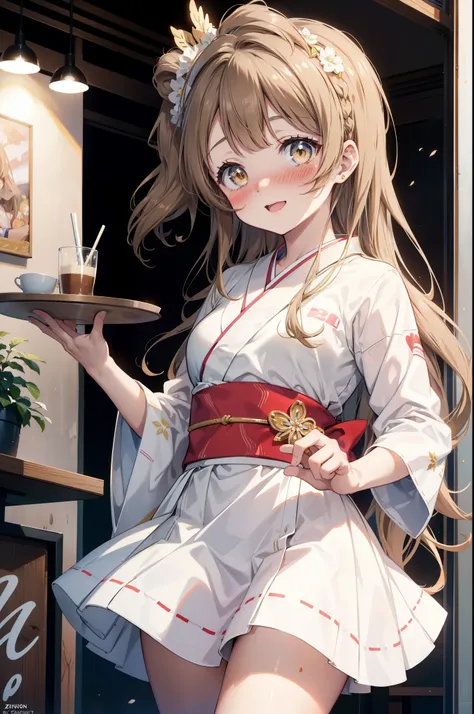 Kotori Minami, Kotori Minami, brown hair, (brown eyes:1.5), one side up, hair ribbon, ribbon, long hair,happy smile, smile, open your mouth,blush,White idol-style kimono,long furisode,White mini hakama,White tights,Zori sandals,tray, tray in one hand,A bea...