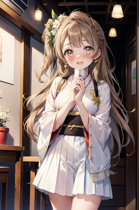 Kotori Minami, Kotori Minami, brown hair, (brown eyes:1.5), one side up, hair ribbon, ribbon, long hair,happy smile, smile, open your mouth,blush,White idol-style kimono,long furisode,White mini hakama,White tights,Zori sandals,tray, tray in one hand,A bea...