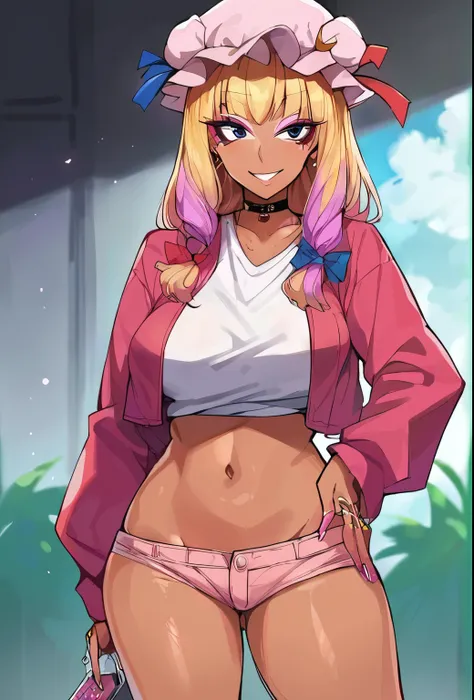 source_anime, (2d), score_9, score_8_up, score_7_up, score_6_up, score_5_up, score_4_up, solo, 1girl, standing, holding phone, looking at phone, hand on hip, gyaru, tanned skin, pink thin lips, choker, makeup, pink eyeshadow, jewelry, smile, patchouli know...