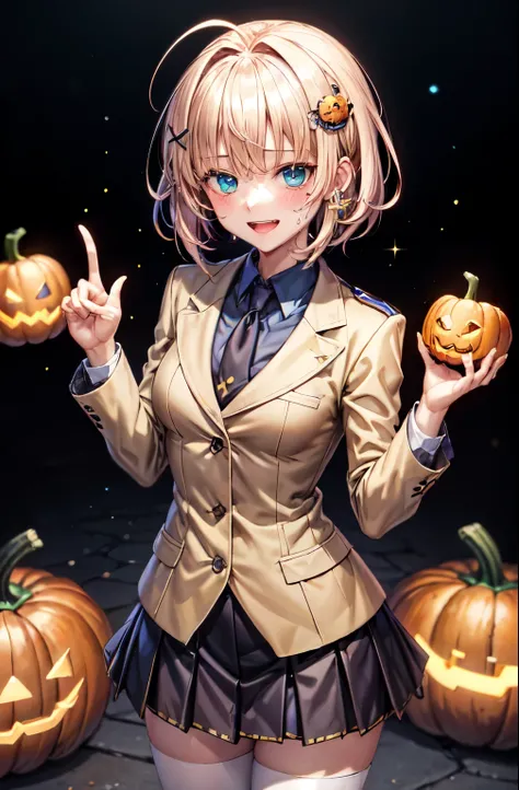 woman,14 years old,,city,(((Beige blazer school uniform))),open mouth smile, ((There are two stray hairs coming out of my head.)), ((チョコレートのhair ornaments)), ((baby girl body shape)), 1 girl, Artoria Pendragon,destiny,aphrodisiac,Lie,Things to know,full of...