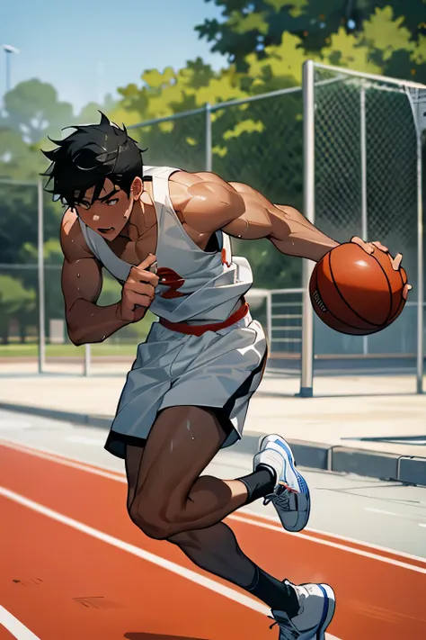 shirtless, super muscular, sweat-drenched body, dripping with sweat, 22-year old short black hair male wearing sweat-drenched white basketball shorts, rubber shoes, running, playing basketball in the outdoor setting 