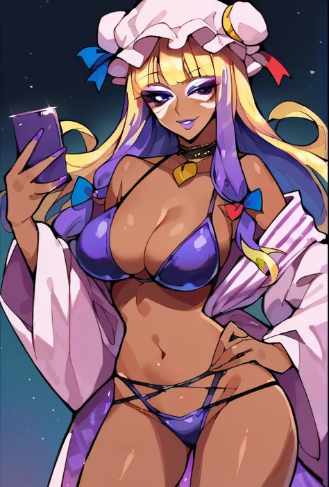 source_anime, (2d), score_9, score_8_up, score_7_up, score_6_up, score_5_up, score_4_up, solo, 1girl, standing, holding phone, looking at phone, hand on hip, ganguro, dark skin, makeup, purple lips, purple eyeshadow, jewelry, choker, facial mark, jewelry, ...