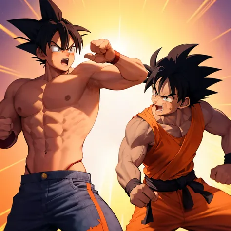 Goku: With his black, spiky Saiyajin hair standing proudly, Goku dons his iconic orange Gi.

Luffy: Sporting his signature straw hat, short blue jeans, and red tank top, Luffy is ready for the fight.

Action:

The scene opens with the two warriors locked i...