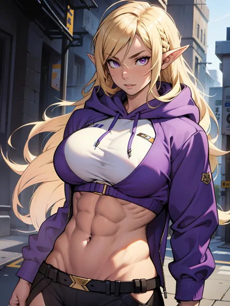 ((1 girl)), (solo), elf with pointy ears, (((muscular body))), purple eyes, blonde hair, long hair, huge breasts, wearing a hoodie, midriff