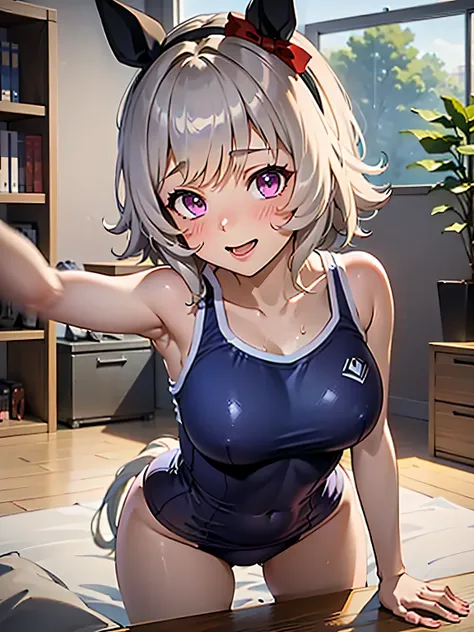 NSFW,Curren Chan (umamusume),UHD, masterpiece, textured skin, super detail, high details, high quality, award winning, best quality, highres,smile, school swimsuit,penis,hetero,1boy,pov,ahegao,rolling eyes,cowboy shot,Excited、Missionary,Vaginal,Creampie