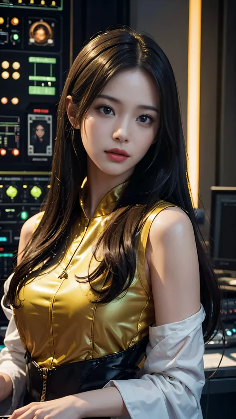 (absurd resolution:0.5)、(High resolution:1.4)、(masterpiece:1.4)、(hyper detail:1.4)、A young woman with dark hair dressed in a yellow engineer&#39;s jumpsuit、In an extremely narrow and closed mechanical control room、Blushing to express excitement、Focus solel...