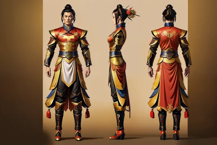 ((three sided view,full bodyesbian,background,multiple views,A high resolution)),Yellow Chinese-style armor, Ancient Chinese soldiers, New clothing concept design, blade and soul style, full body character concept, Detailed character design, China costume