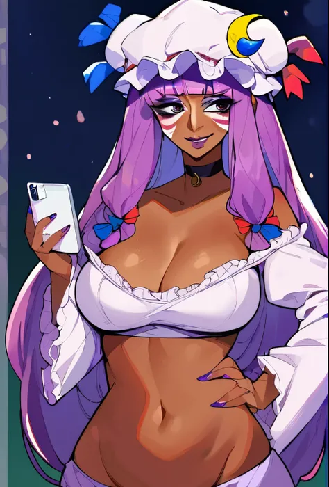 source_anime, (2d), score_9, score_8_up, score_7_up, score_6_up, score_5_up, score_4_up, solo, 1girl, standing, holding phone, looking at phone, hand on hip, ganguro, dark skin, makeup, purple lips, purple eyeshadow, jewelry, choker, facial mark, jewelry, ...