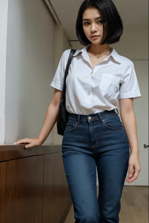 Woman around 20 years old. half Indonesian. Short Black hair, very attractive. Wear formal Uniform and long Jeans. very realistic