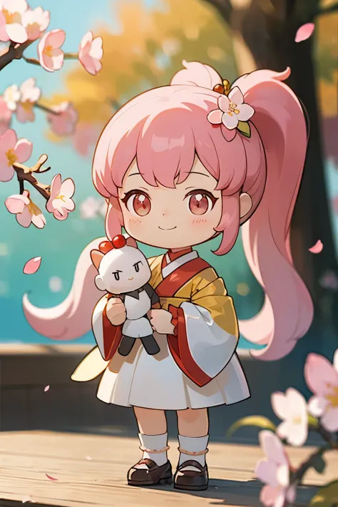 The doll standing in front of the painting、smile、baby face、rococo style、(Highly detailed characters)、Flowing cherry-colored silk、Cherry blossom petals、Flowing cherry blossom silk、Strong bokeh、season!!: 🌸 ☀ 🍂 ❄