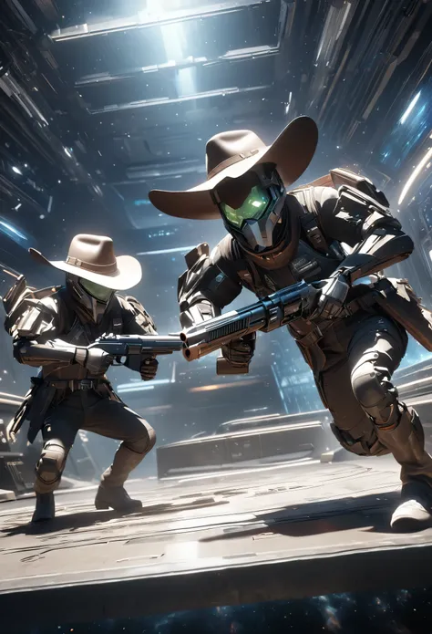 （masterpiece、need、Ultra-fine、high resolution），3D rendering, 2 men,Space station corridor，Out there is outer space，future technology，West cowboy，Revolver:1.5，(They&#39;re drawing their guns.:1.5),Cowboy hat，Metal prosthesis, (High detail background:1.2),8K