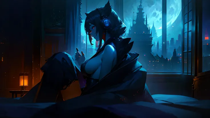 A woman wearing a bathrobe and headphones is lying on the bed、The large window behind offers a beautiful night view.、big breasts、sexy、dimly lit room、moonlight、exposed、Downlight、full moon、Stylish interior、On your back、red cat eyes