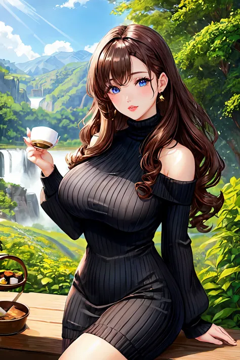 1 female、brown hair、curly hair、blue eyes、thick lips、Black turtleneck knit dress、off shoulder、slim、valley、beautiful breasts、Fresh greenery、Tea plantation、sunlight、masterpiece、ultra high resolution、perfect lighting、16k