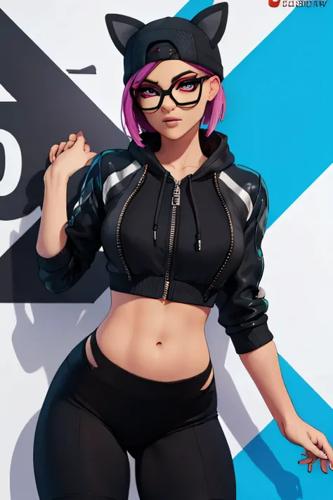 Leggins lince negro con chaqueta negra con azul gaming Zone de rodillas ojos finos con gafas