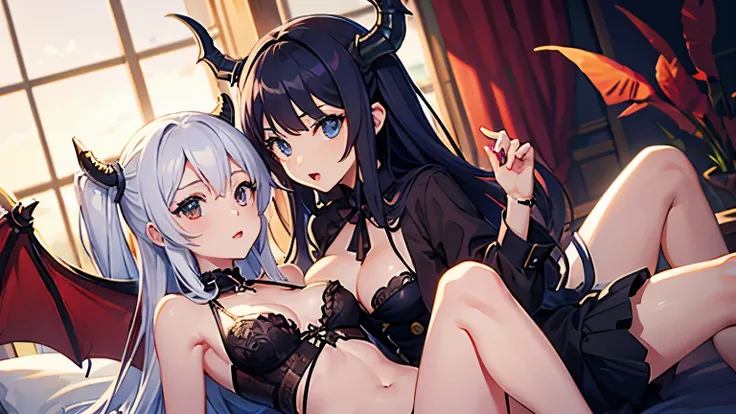 2 chicas, una mitad dragon y otra mitad demonio, con ropa muy sexy, estilo anime
