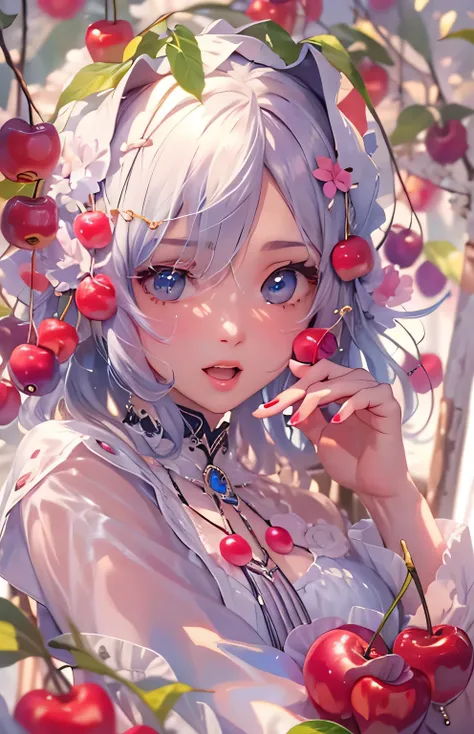 ((highest quality)), ((masterpiece)), (get used to it), perfect face , beautiful girl , Cherries , 