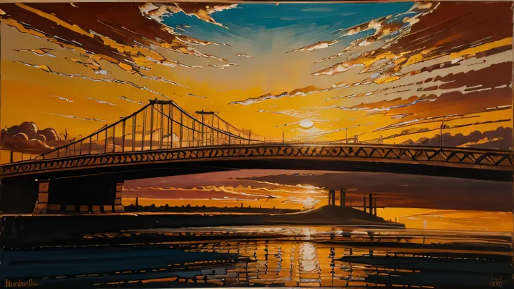 an abstract painting of a bridge going off into the distance, masterpiece, award winning, sunset in the background