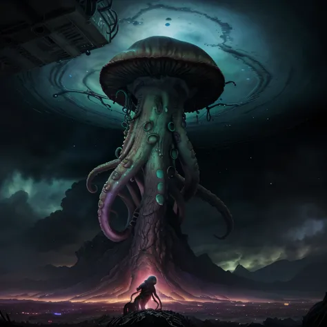 Cosmic majestic octopus realist, masterpiece, 8k, cosmic void, terror, genesis, apocalypse, armagedon, full art, magical, dark fantasy, number 8, unique, mushroom, the last of us, clacker, luciole