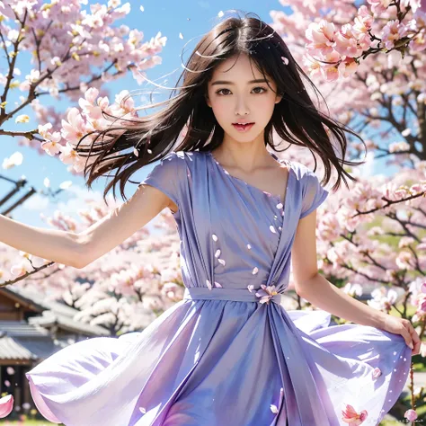 Cherry blossom trees、full bloom、The flowers are densely blooming、drooping branches、evening、(The sky is deep purple:1.2)、(A blizzard of petals dancing in the wind)、1 female、Fashion Model、model photo session。Wearing a white dress and white mules、A close-up o...