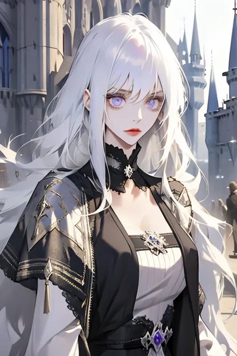 1 female,long white hair，Have bangs, Amethyst eyes,fair,ingenious,slender figure,calm,strategist ,Wearing a black elegant dress,Princess, medieval fantasy, castle background ,Upper body, detail