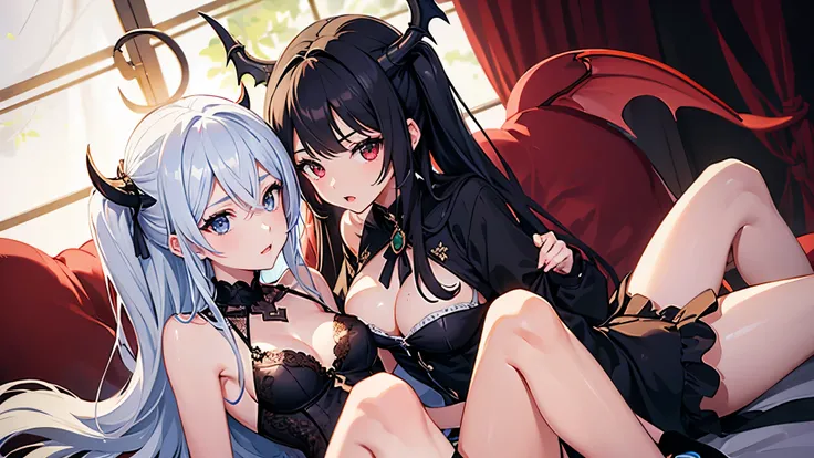 2 chicas, una mitad dragon y otra mitad demonio, con ropa muy sexy, estilo anime
