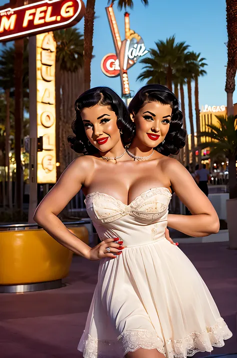 2heads, two-headed woman, age 24, white girl, vintage pinup dress, pretty makeup, on the Las Vegas strip,