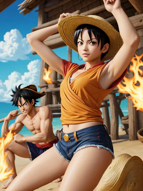 luffy from one piece,dragon ball art style,best quality,4k,8k,highres,masterpiece:1.2,ultra-detailed,realistic 1.37,anime,portrait,vivid colors,sharp focus,physically-based rendering,bokeh,beautiful detailed eyes,detailed lips,long eyelashes,gokus aura,str...