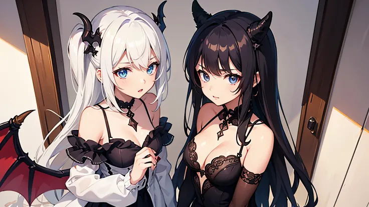 2 chicas, una mitad dragon y otra mitad demonio, con ropa muy sexy, estilo anime