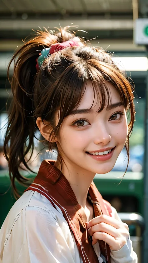 highest quality, masterpiece, ultra high resolution, (realistic:1.4), (close portrait) Raw photo, 1 girl,20-year-old,((Inside the Yamanote Line on a holiday)),((Asian Fashion)),messy hair,((Ponytail and scrunchie, chestnut-colored hair)),((Bangs short hair...